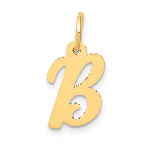 14k gold small script letter B initial charm pendant, elegant jewelry piece from Solomon Jewelers.
