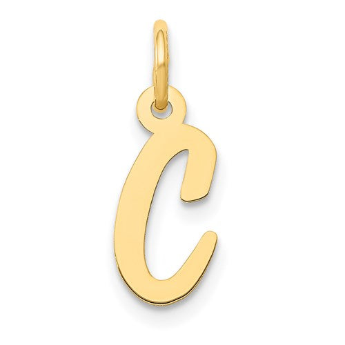 14k gold small script letter C initial charm, pendant jewelry from Solomon Jewelers, featuring elegant gold craftsmanship.