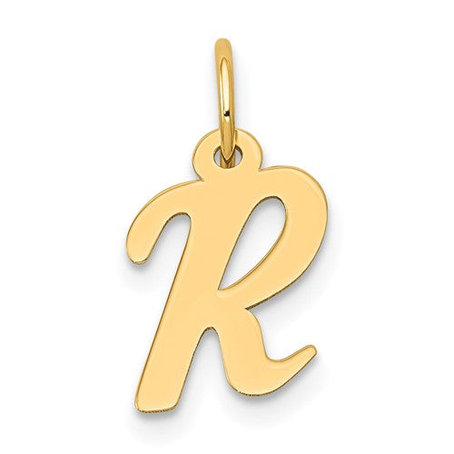 14k gold small script letter R initial charm, pendant jewelry from Solomon Jewelers featuring delicate gold design.