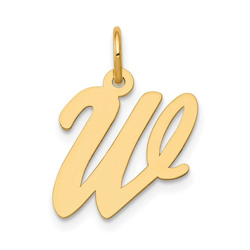 14k gold medium script letter W initial charm pendant from Solomon Jewelers, showcasing a polished gold charm with elegant script design.