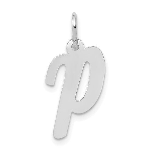 14k white gold medium script letter P initial charm pendant with polished finish, designed by Solomon Jewelers.