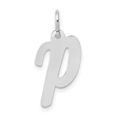 14k white gold medium script letter P initial charm pendant with polished finish, designed by Solomon Jewelers.