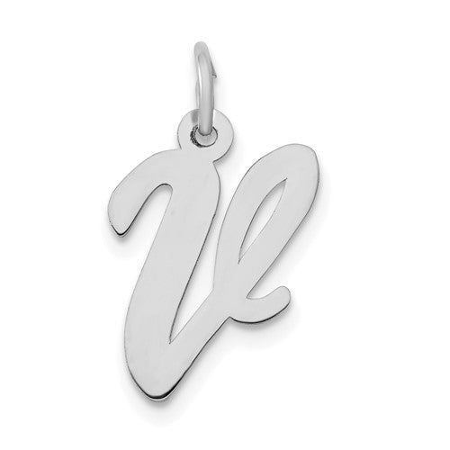 14k white gold medium script letter V initial charm for necklaces, featuring elegant design, from Solomon Jewelers.