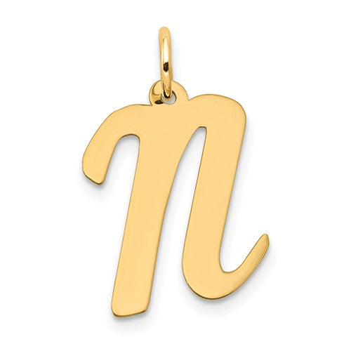 Gold 14k large script letter N initial charm for necklaces or bracelets, featuring elegant design from Solomon Jewelers.