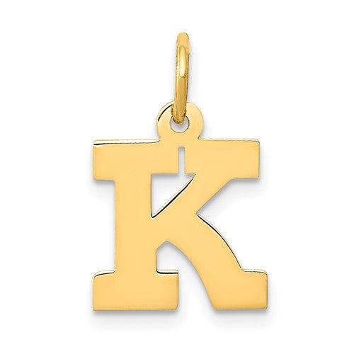 14k gold Small Block Letter K initial charm, pendant style, featuring clean design and polished finish by Solomon Jewelers.