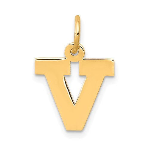 14k gold small block letter V initial charm for necklaces and bracelets, featuring a polished gold pendant from Solomon Jewelers.