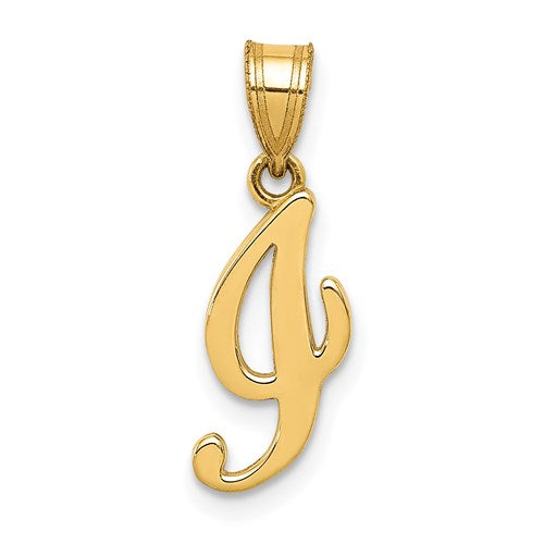 14K gold script letter I initial pendant with a polished finish, designed for necklaces and jewelry charms.