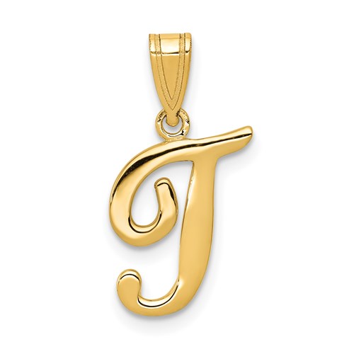 14K gold script letter T initial pendant, elegant jewelry charm with a polished finish, crafted by Solomon Jewelers.
