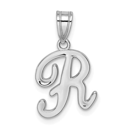 14kw-white-gold-script-letter-r-initial-pendant-SolomonJeweler-Wichita-KS-CustomJewelry
