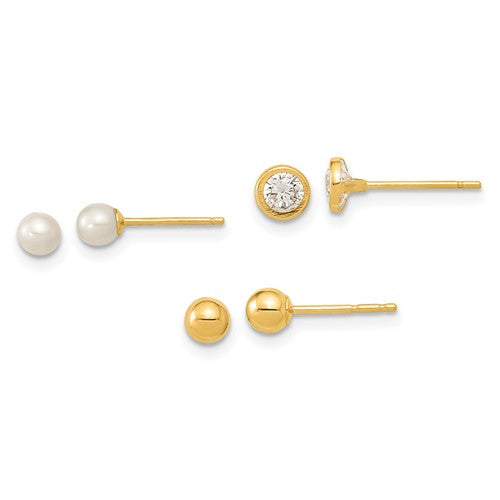 14k-polished-set-of-ball-post-pearl-and-cz-bezel-3-pair-earrings-set-SolomonJeweler-Wichita-KS-CustomJewelry