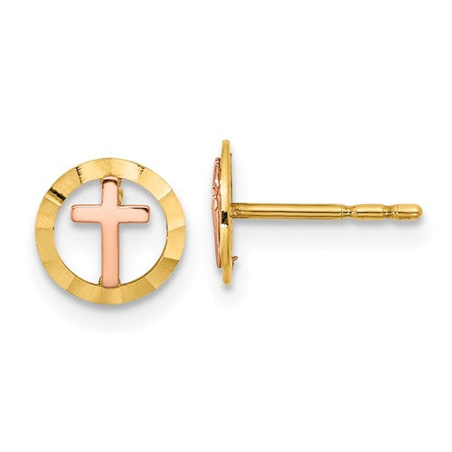 14k-two-tone-circle-with-cross-post-earrings-SolomonJeweler-Wichita-KS-CustomJewelry