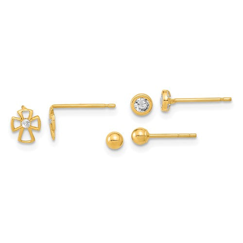 14k-polished-set-of-ball-post-cross-and-cz-bezel-3-pair-earrings-set-SolomonJeweler-Wichita-KS-CustomJewelry