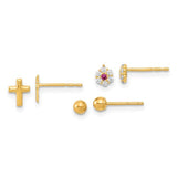 14k-polished-set-of-ball-post-cz-flowers-and-cross-3-pair-earrings-set-SolomonJeweler-Wichita-KS-CustomJewelry