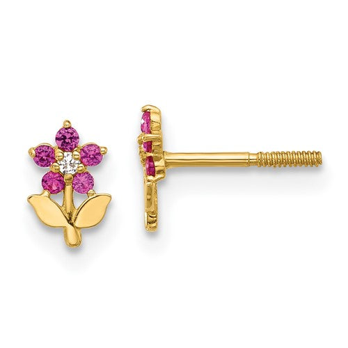 14k-polished-dark-pink-white-cz-flower-screwback-post-earrings-SolomonJeweler-Wichita-KS-CustomJewelry