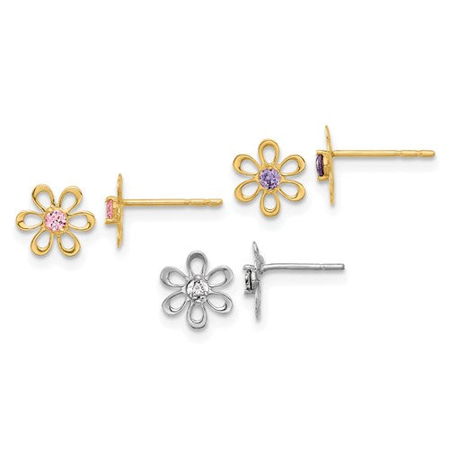 14k-yellow-and-white-gold-multi-color-cz-flower-post-earring-set-SolomonJeweler-Wichita-KS-CustomJewelry