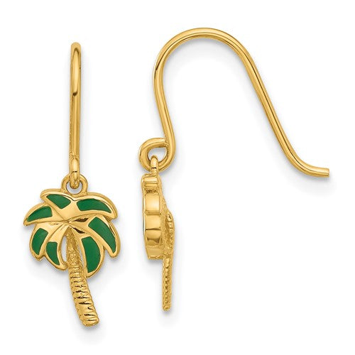 14k-polished-green-enameled-palm-tree-shepherd-hook-dangle-earrings-SolomonJeweler-Wichita-KS-CustomJewelry