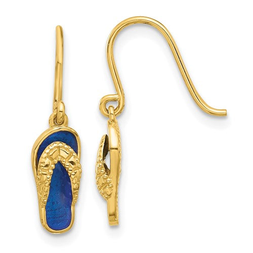 14k-polished-blue-enameled-flip-flop-shepherd-hook-dangle-earrings-SolomonJeweler-Wichita-KS-CustomJewelry