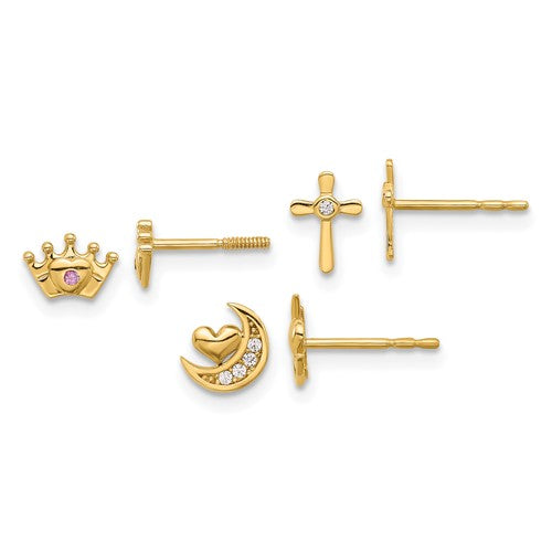 14k-polished-cz-moon-cross-and-crown-post-earring-set-SolomonJeweler-Wichita-KS-CustomJewelry