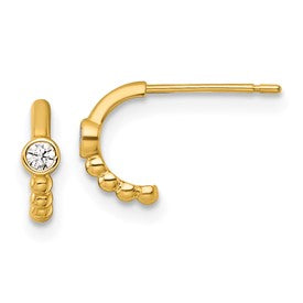 14k gold polished and beaded CZ post C-hoop earrings with hoop design and sparkling cubic zirconia stones.