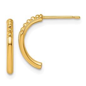 14k gold polished and beaded post J-hoop earrings with intricate beaded design, by Solomon Jewelers.