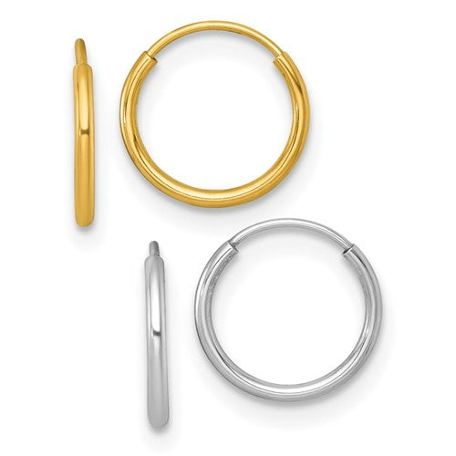 Set of two 14k two-tone endless hoop earrings, 1mm diameter, stylish jewelry by Solomon Jewelers.