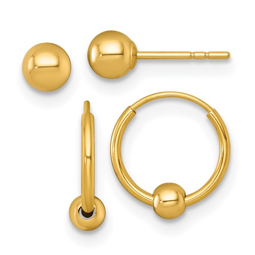14k gold polished set of two earrings featuring classic post and hoop designs with bead accents, by Solomon Jewelers.