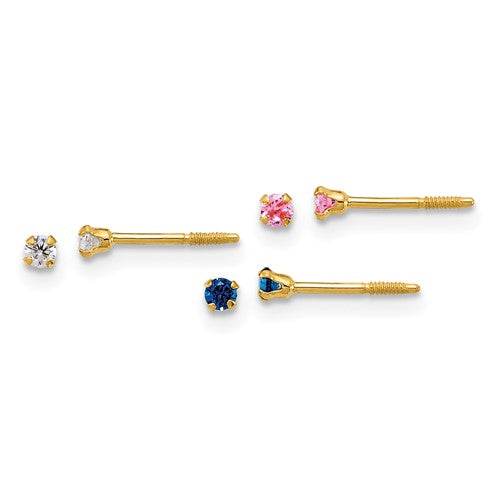 14k-polished-2mm-white-pink-and-blue-cz-screwback-set-of-3-earrings-SolomonJeweler-Wichita-KS-CustomJewelry