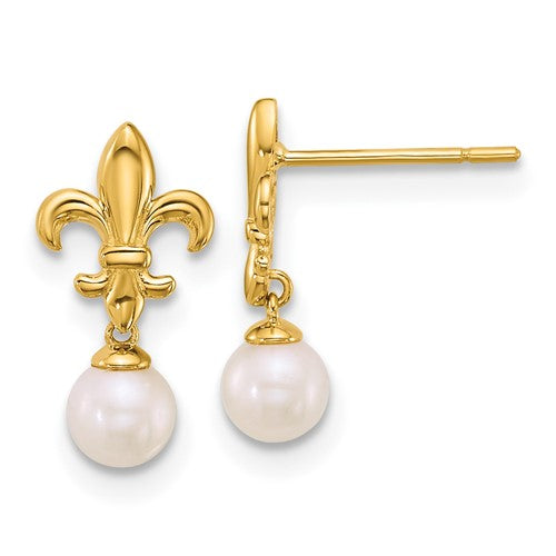 14k-polished-fleur-de-lis-4mm-fwc-pearl-post-dangle-earrings-SolomonJeweler-Wichita-KS-CustomJewelry