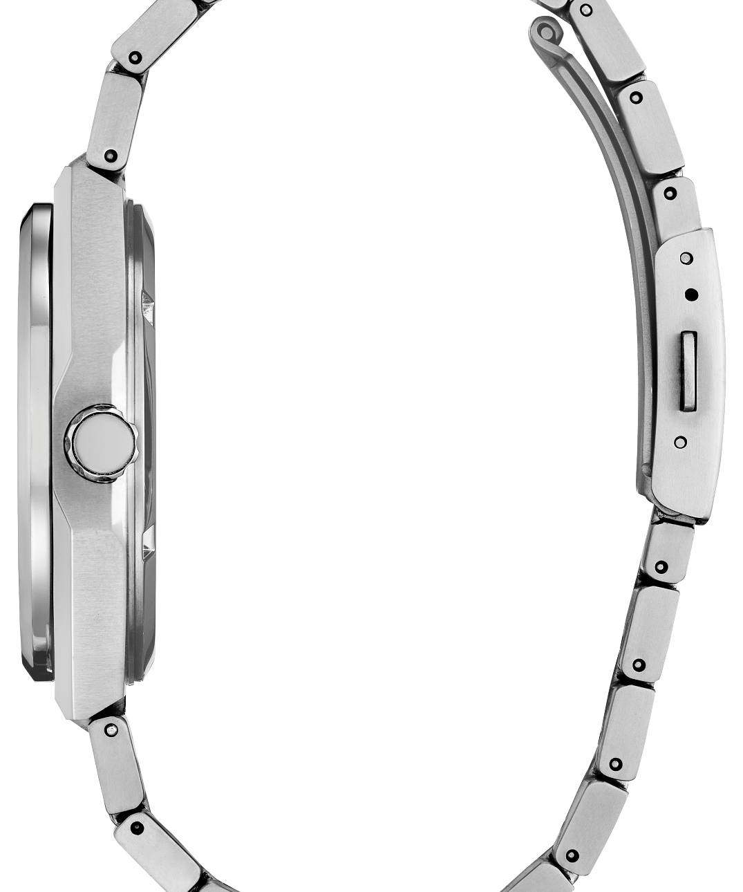 Silver watch with a detailed metal band on a white background