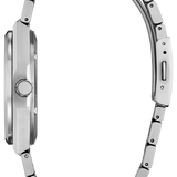 Silver watch with a detailed metal band on a white background