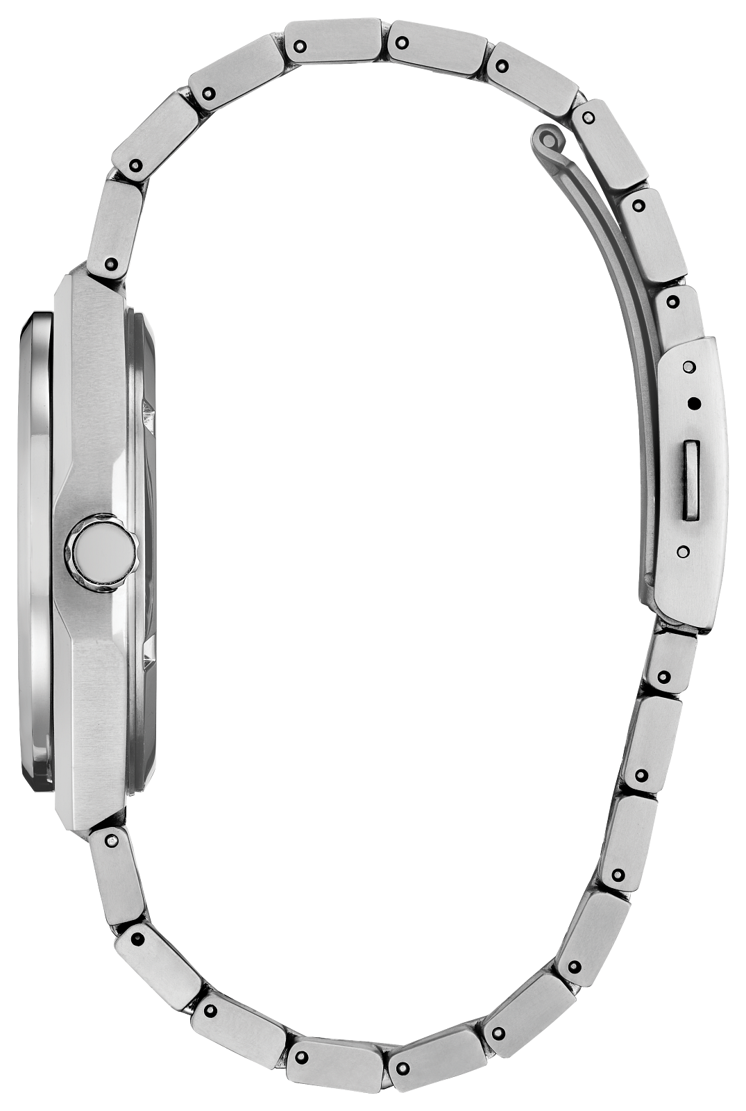 Silver watch with a detailed metal band on a white background
