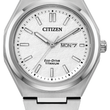 Citizen Eco-Drive Titanium watch with a silver stainless steel case and link bracelet, featuring a white textured dial with silver indices and a day-date window.
