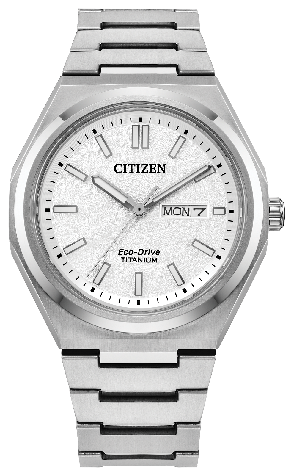 Citizen Eco-Drive Titanium watch with a silver stainless steel case and link bracelet, featuring a white textured dial with silver indices and a day-date window.