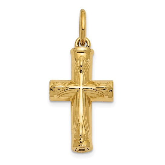 14K yellow gold Ash Holder Cross Pendant necklace with urn design, featuring a religious cross and elegant craftsmanship.