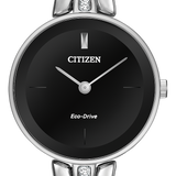Citizen Eco-Drive watch with a black dial and a silver-tone twisted link bracelet accented with small clear crystals.