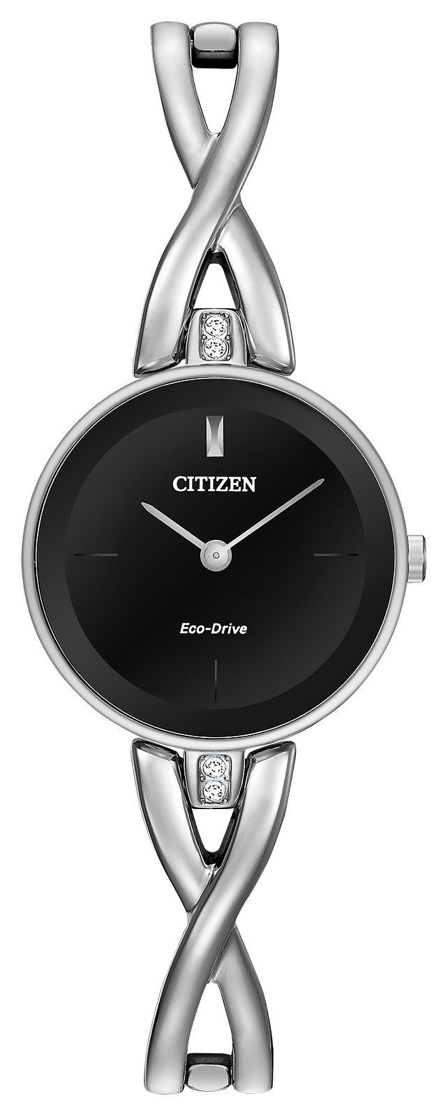 Citizen Eco-Drive watch with a black dial and a silver-tone twisted link bracelet accented with small clear crystals.
