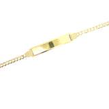 Solid curb link baby ID bracelet in 10K gold, featuring a secure clasp and engraved space, perfect for infants or toddlers.