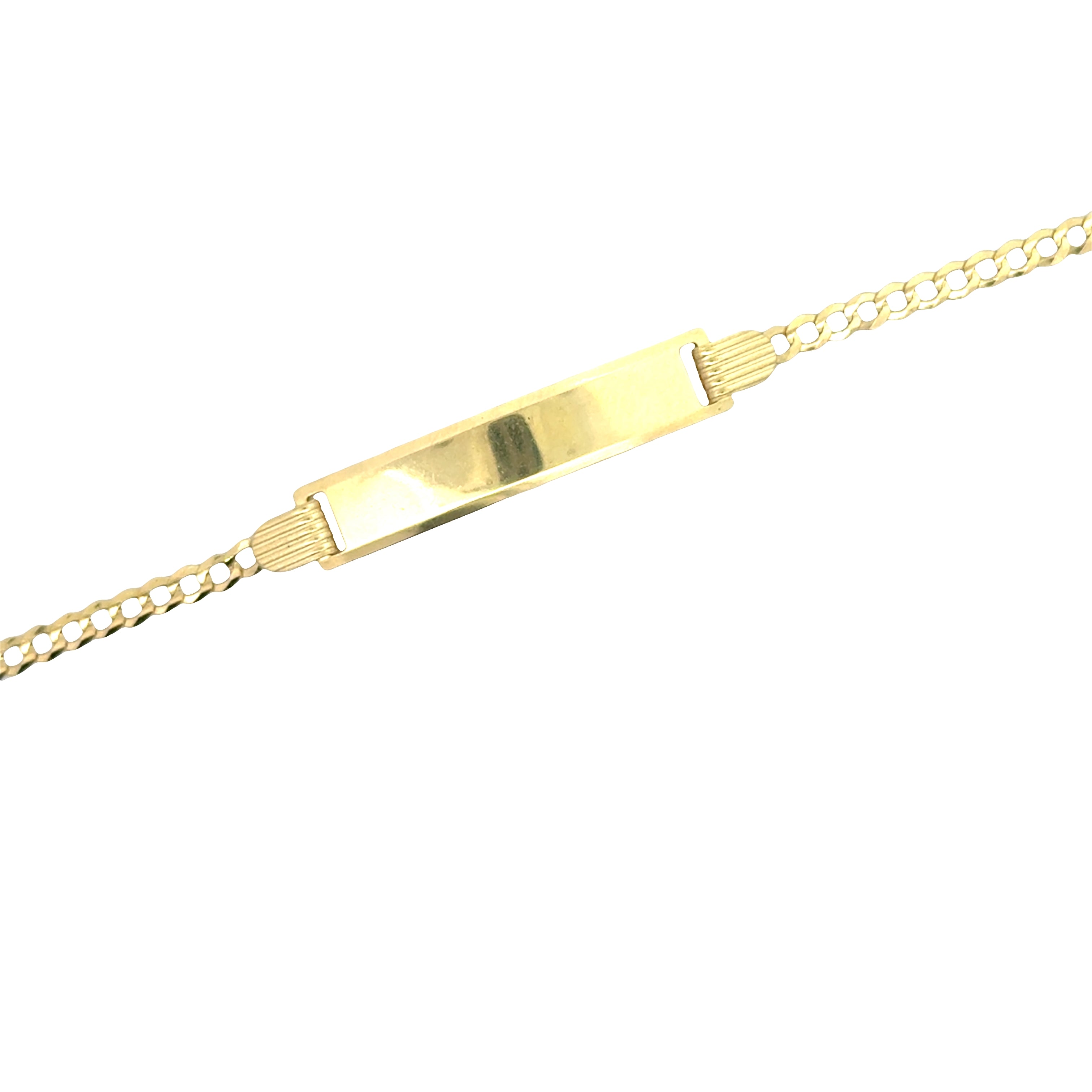 Solid curb link baby ID bracelet in 10K gold, featuring a secure clasp and engraved space, perfect for infants or toddlers.