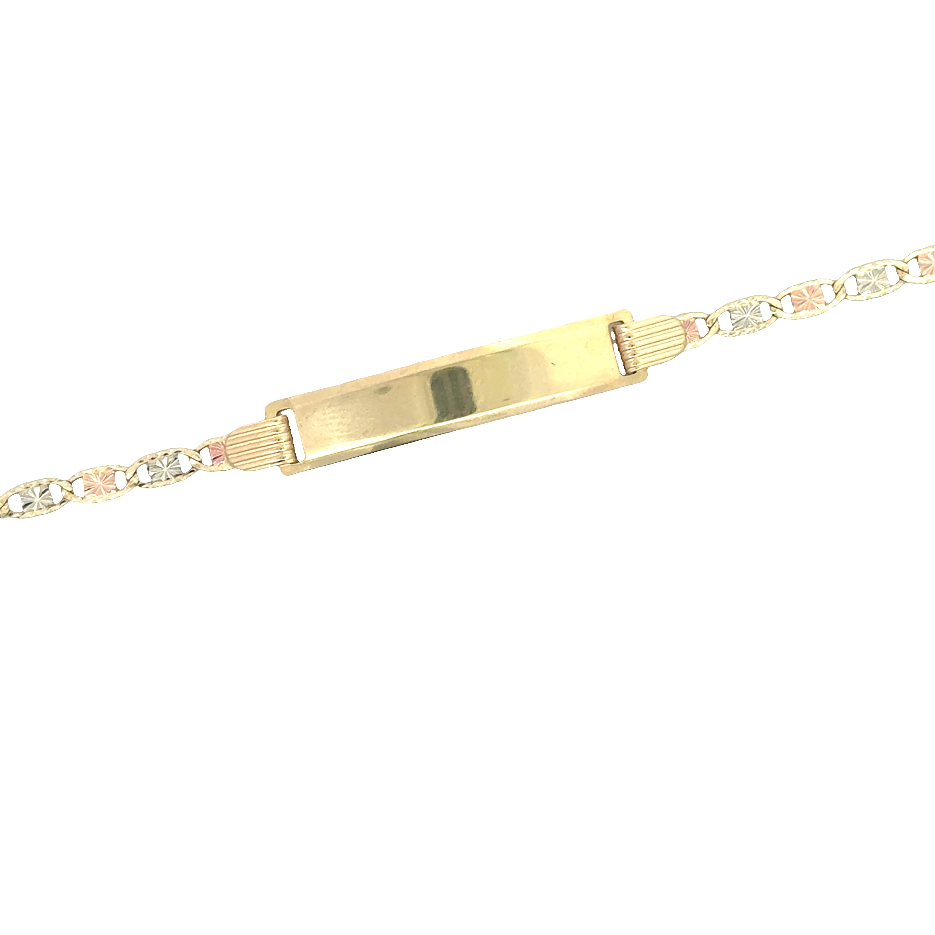 Valentino tri-color 10K gold baby ID bracelet featuring gold links and a secure clasp, designed for infants.