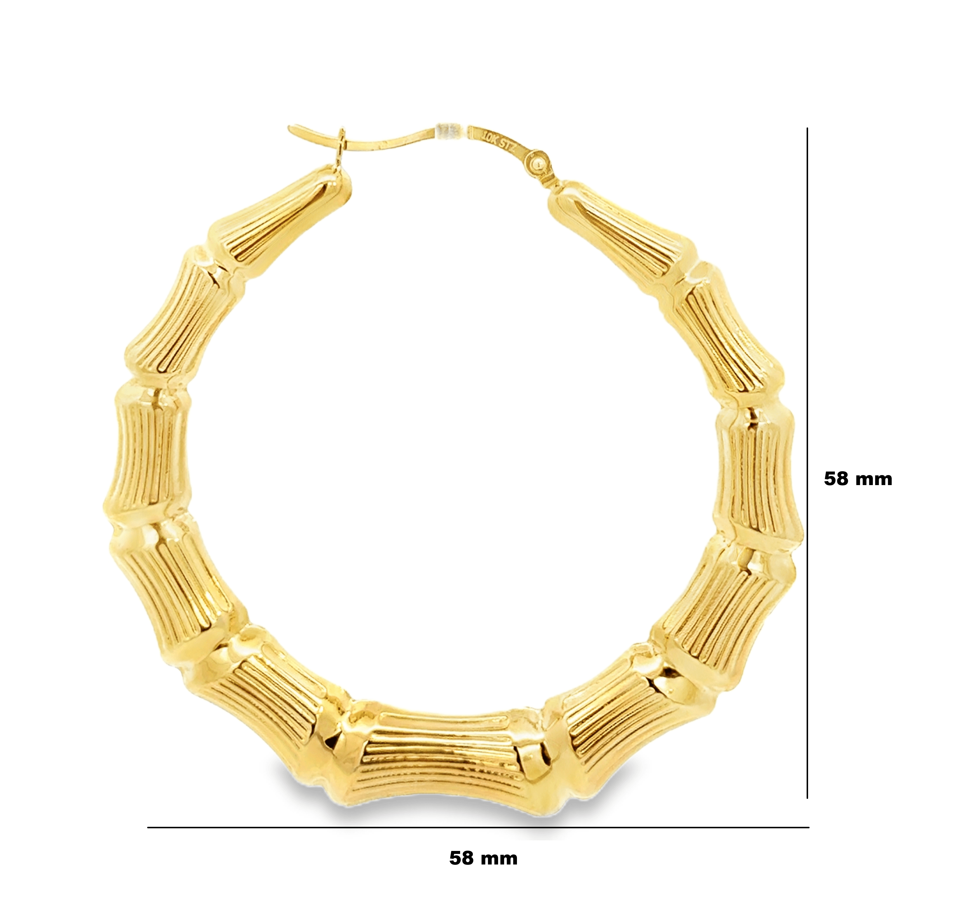 Textured yellow gold bamboo hoop earrings for women from Solomon Jewelers