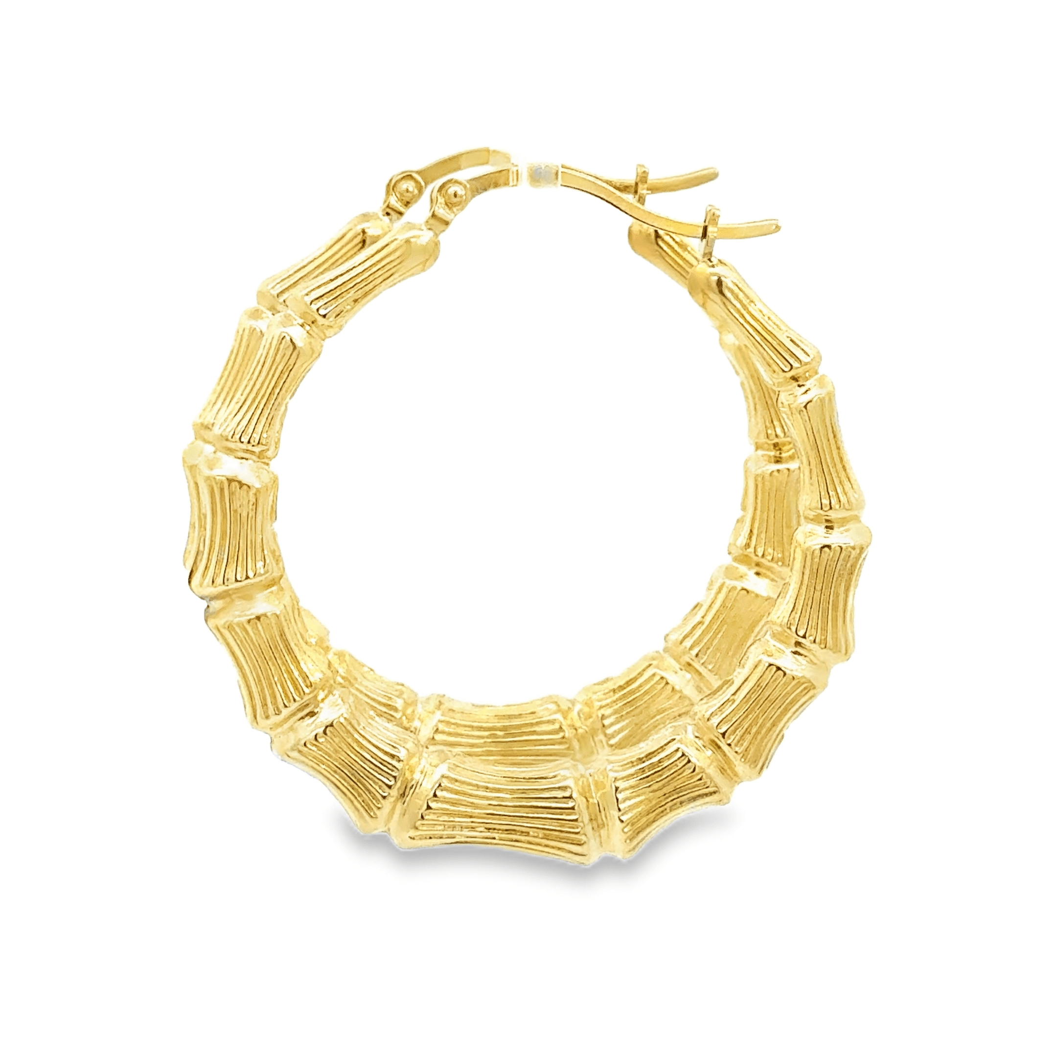 Gold bamboo hoop earrings showing the polished, textured bamboo pattern from Solomon Jewelers