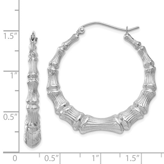 14K white gold bamboo hoop earrings with a sleek, modern design featuring intricate bamboo-inspired detailing.