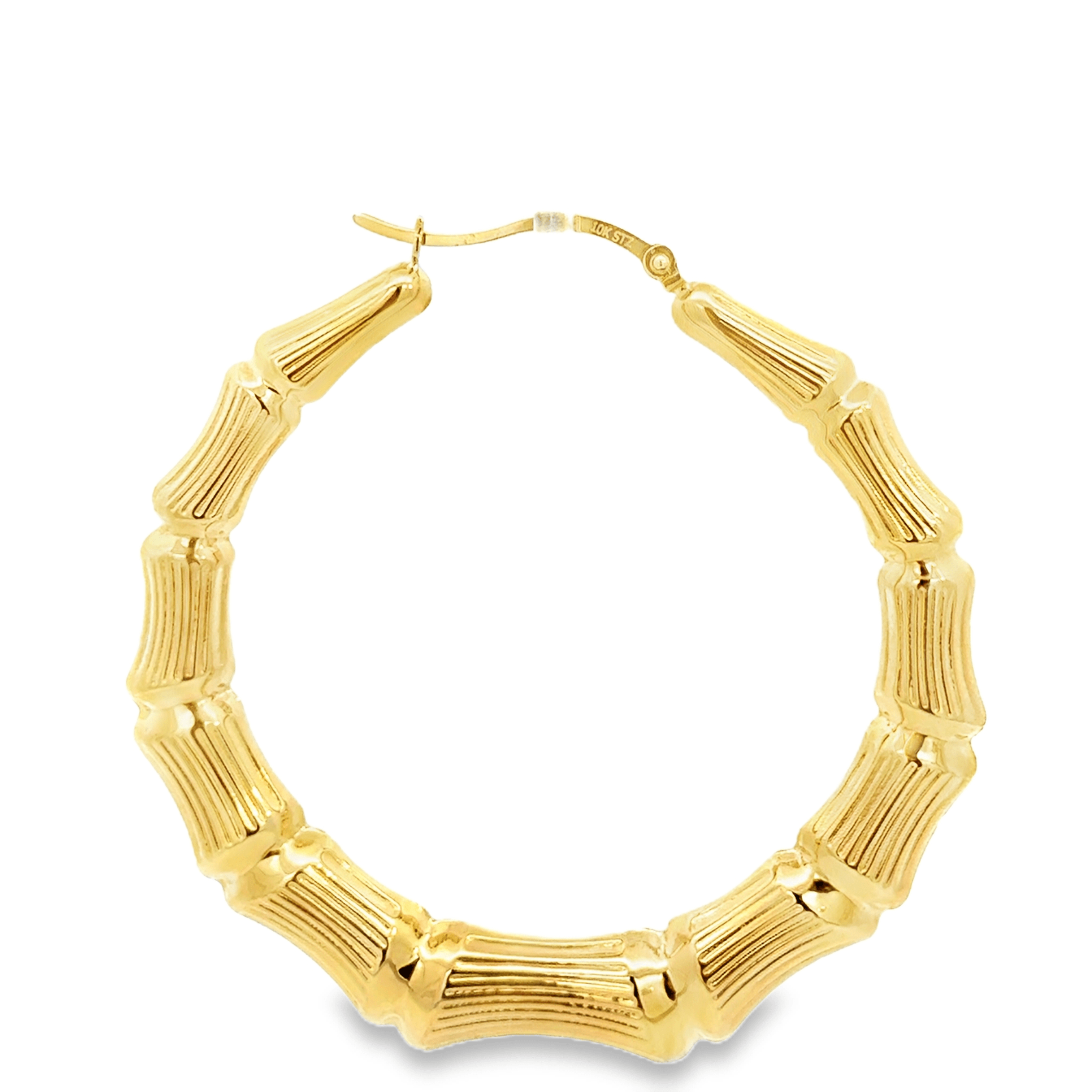 Yellow gold bamboo hoop earrings with a textured bamboo-link design from Solomon Jewelers