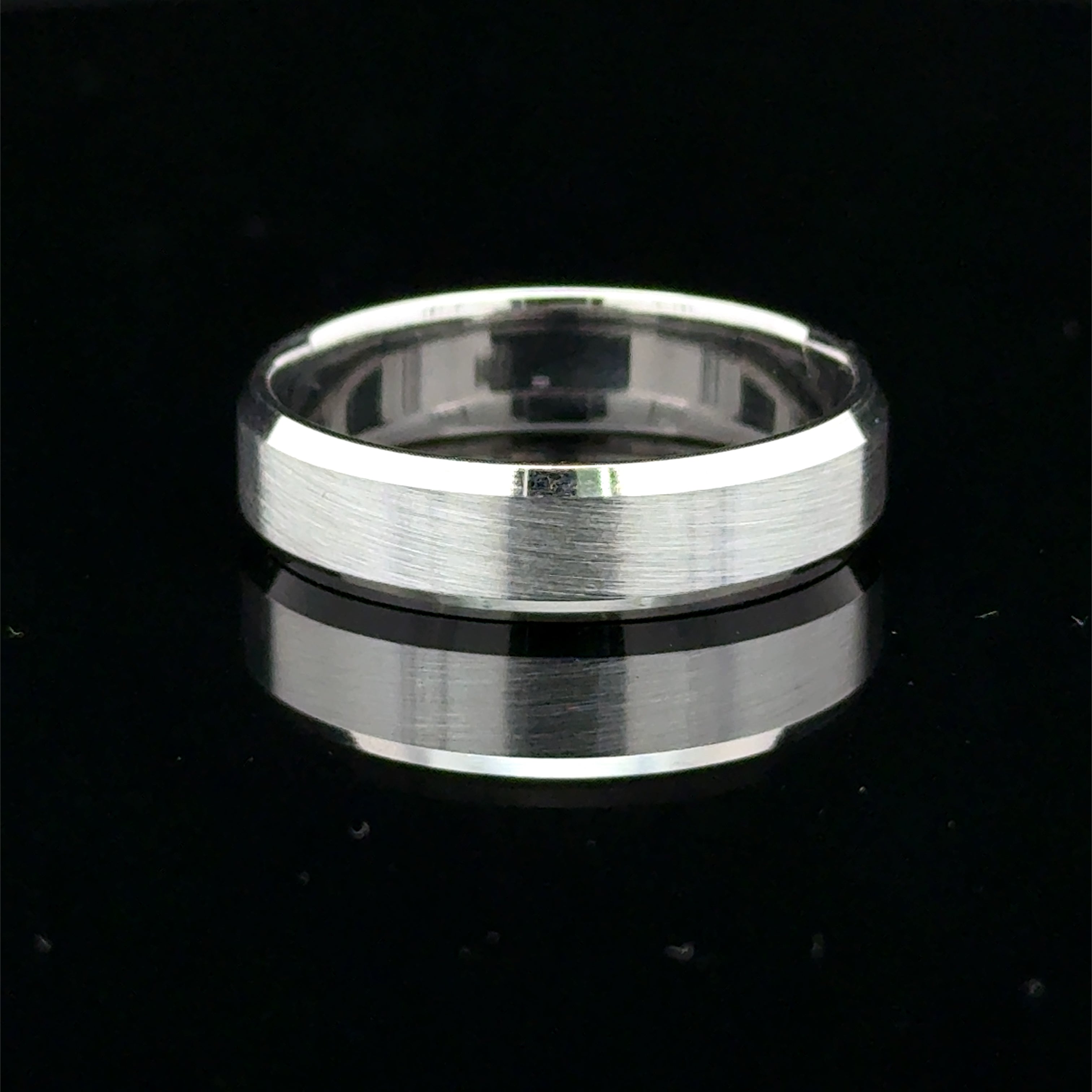 Brushed white gold wedding band with polished beveled edges available at Solomon jeweler Wichita Kansas.