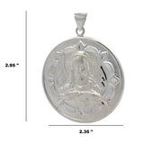 sterling silver double-sided Jesus and Virgin Mary medallion pendant showing Jesus with the Sacred Heart and a floral border