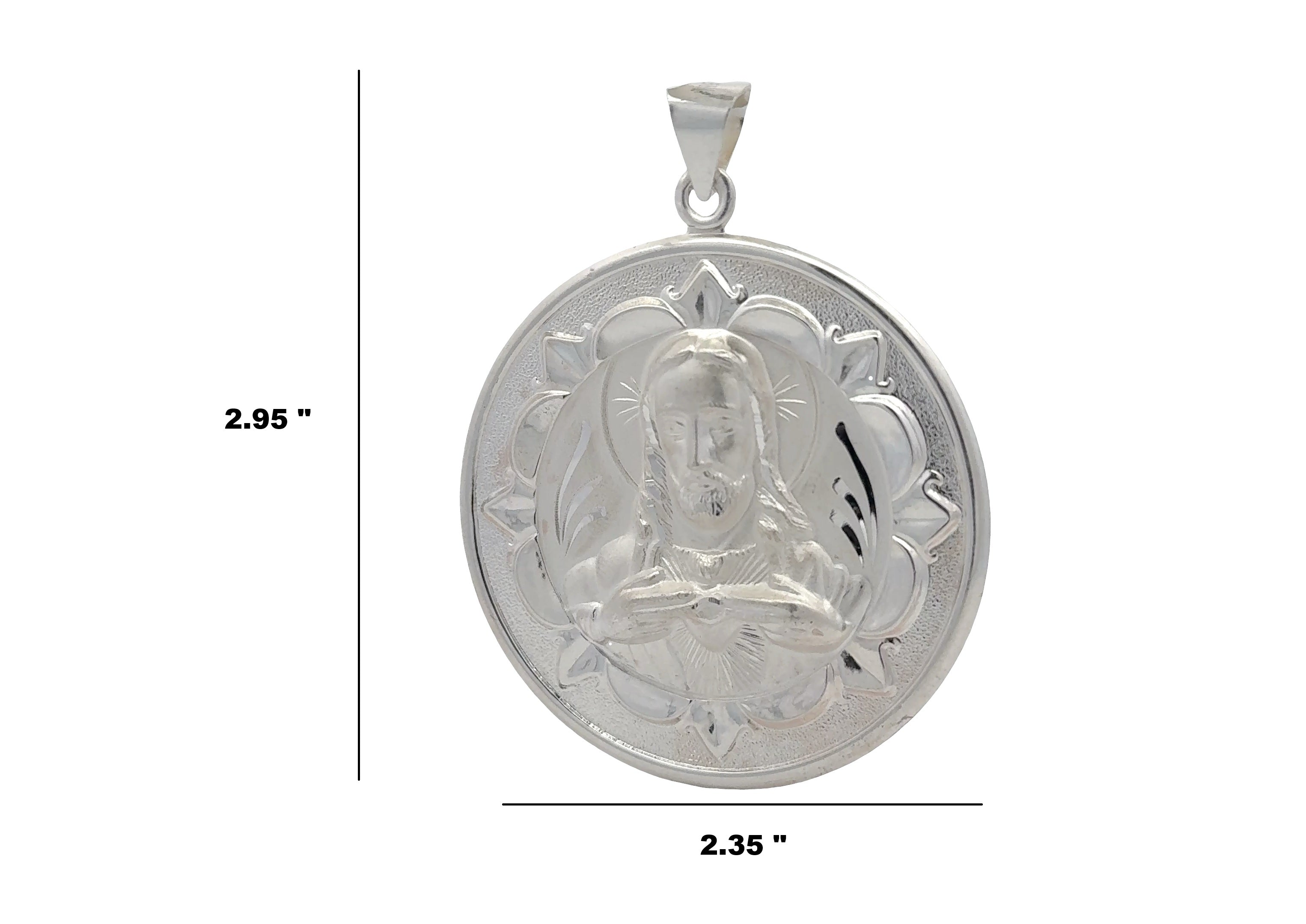 sterling silver double-sided Jesus and Virgin Mary medallion pendant showing Jesus with the Sacred Heart and a floral border