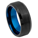 Black Brushed Tungsten Wedding Band with Blue Interior and Faceted Edges