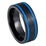 Black Textured Tungsten Wedding Band with Double Blue Side Grooves