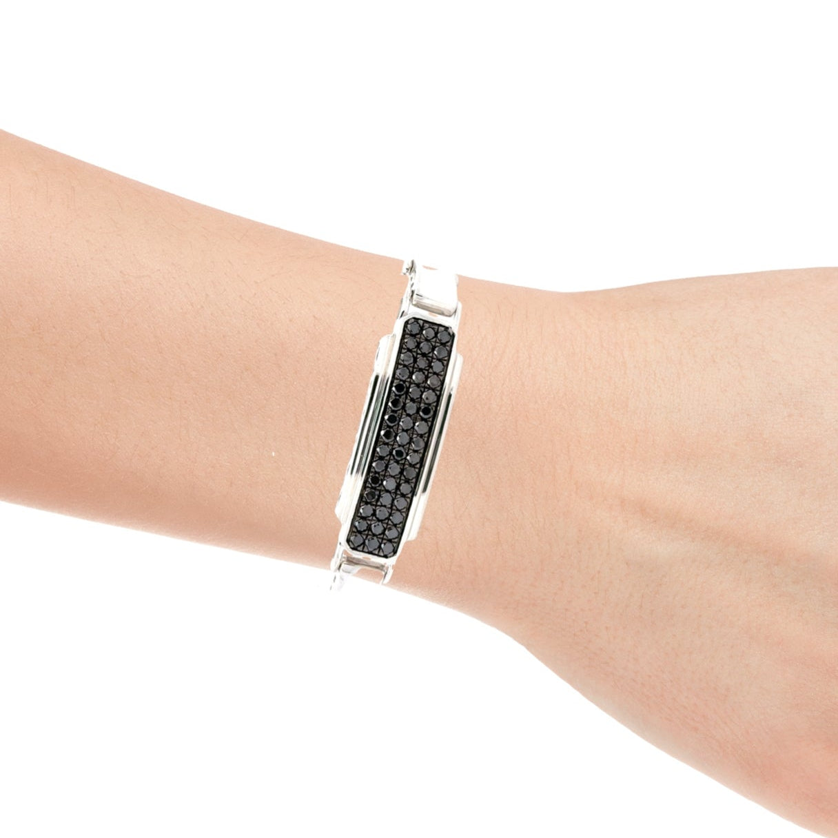 Black diamond men's bracelet in sterling silver with link design, featuring 2.5 carats total weight from Solomon Jewelers.