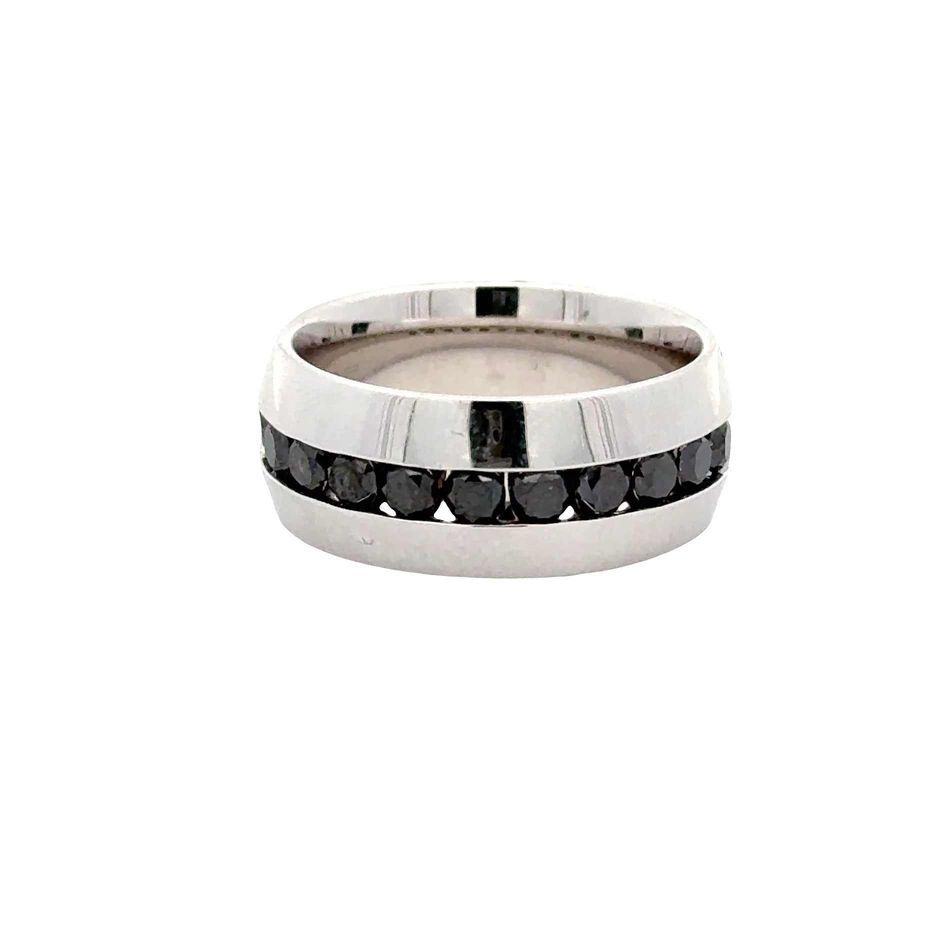 Sterling silver men's diamond ring with 1.5 carats total black diamonds, featuring a sleek band design.